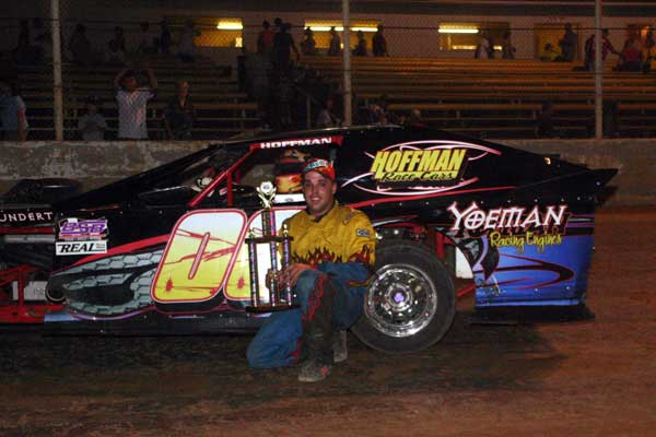 Jesse Stovall in victory lane after winning Round 1 of the O'Reilly Auto Parts Missouri Nationals at the Bolivar) Speedway. (Holloway Racing Photo)